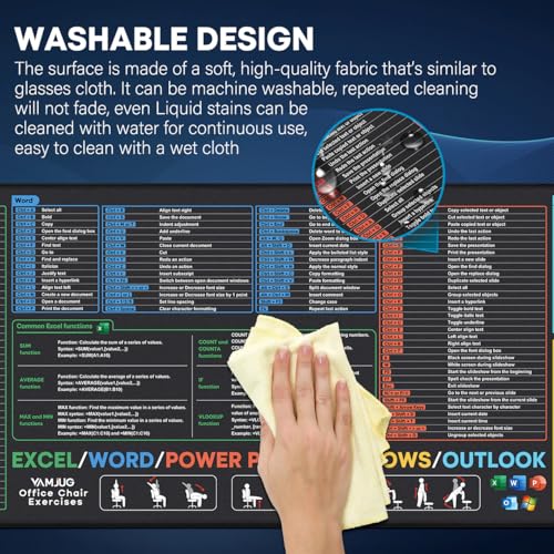Excel Cheat Sheet Desk Pad, Large Desk Mat with Over 150 Shortcuts | Excel/Word/PowerPoint/Windows/Outlook Mouse pad, Non-Slip and Stitched Edge, 31.5 x 11.8in