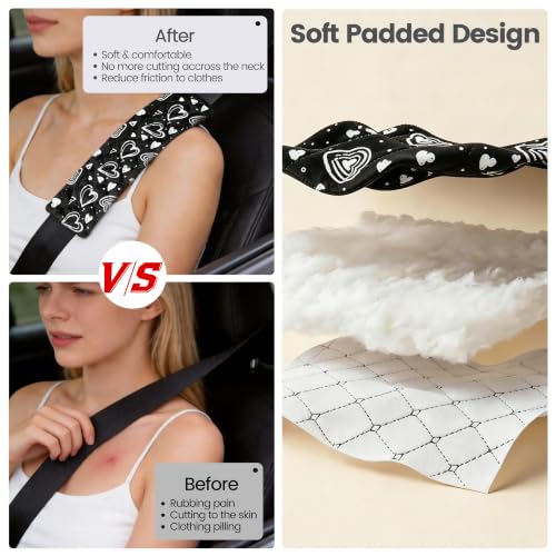 Amooca Soft Auto Seat Belt Cover Seatbelt Cushions Shoulder Pad 2 PCS for a More Comfortable Driving Compatible with All Cars and Backpack Cute Black Heart - color: Black Heart