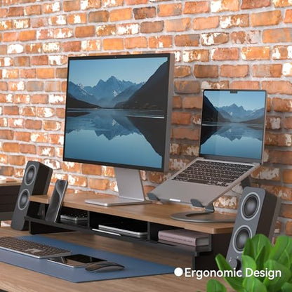 42.5” Monitor Stand Desk Shelf with Phone Tablet Holder Black | desk organizer for 55"–72" desk computer setup ergonomic relief easy assembly excellent stability keyboard storage Wood
