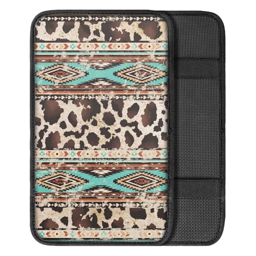 Wanyint Auto Center Console Pad, Easy to Install Armrest Cover, Car Accessories Fit Most Vehicles SUV Truck Van Sedans, Aztec Brown Cow Print Retro - color: Aztec Brown Cow Print Retro