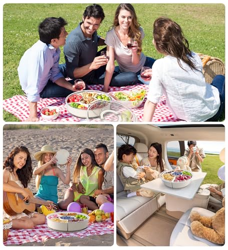 Divided Rotating Serving Tray with Lid and Handle, Portable Snackle Box for Fruits Snacks Veggie Charcuterie, Clear Lazy Susan Organizer and Fridge Storage Container for Adults Child (1PCS,12" L - size: 12" L-1pcs