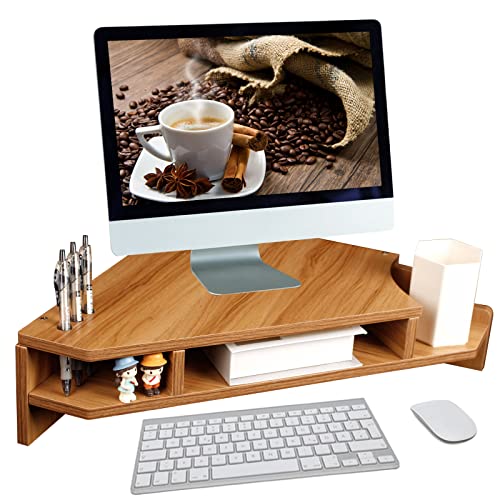 Triangle Monitor Stand Riser, Wooden Triangle Desktop Computer Stand with Office Organization, Walnut Color