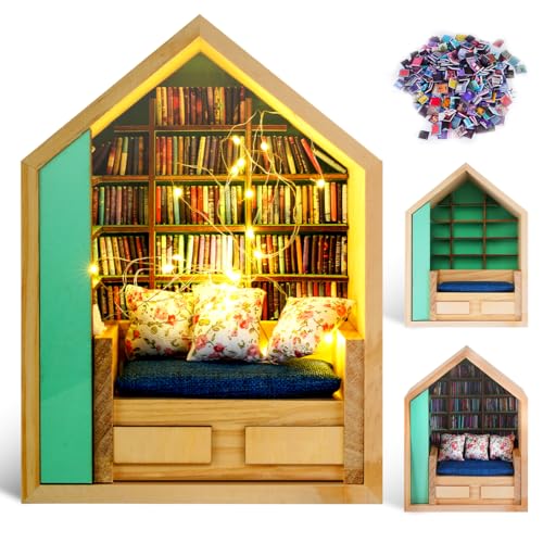 FUYIHGL® Lighted Anxiety Bookshelf with 340 Mini Books | Miniature Book Library Shelf - Coffee Home Office Desk Decor - DIY Tiny Book Nook Kit Organizer - Gifts for Book Lover