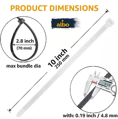ALBO Zip Ties White 10 Inch 1000 Pack 50 lb, Long Plastic Cable Ties Thick 0.19 Inch Tie Wraps Heavy Duty UV Resistant Nylon Wire Ties for Indoor and Outdoor - size: 10" White 1000 Pack 50lb