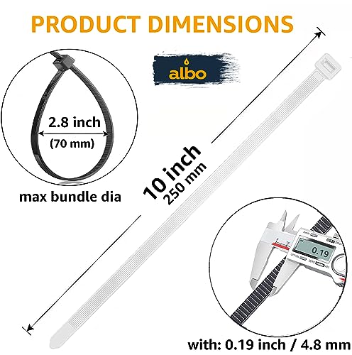 ALBO Zip Ties White 10 Inch 1000 Pack 50 lb, Long Plastic Cable Ties Thick 0.19 Inch Tie Wraps Heavy Duty UV Resistant Nylon Wire Ties for Indoor and Outdoor - size: 10" White 1000 Pack 50lb