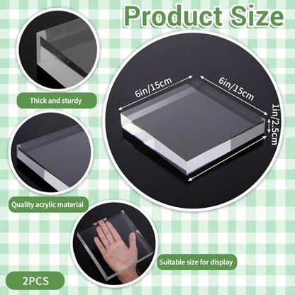 2 Pcs 6 x 6 x 1 Inches Acrylic Square Display Block, Clear Polished Acrylic Cubes Jewelry Display Stand for Ring Showcase, Collectibles, Trophy Base Holder