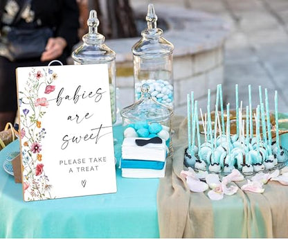Babies Are Sweet Sign, Flowers Baby Shower Table Signs, Centerpieces for Tables, Gender Reveal Gifts Ideas, Boho Wooden Sign with Stand for Gender Reveal Party and Baby Shower Activities, 16 - color: Babies are16