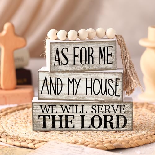 Yuntau 4 Pcs Farmhouse Christian Decor Farmhouse Bible Verse Tiered Tray Decor Rustic Retro Wood Bead Garland As for Me and My House We Will Serve The Lord Block Jesus Sign for Home Shelf Mantel - style: Bible Verse