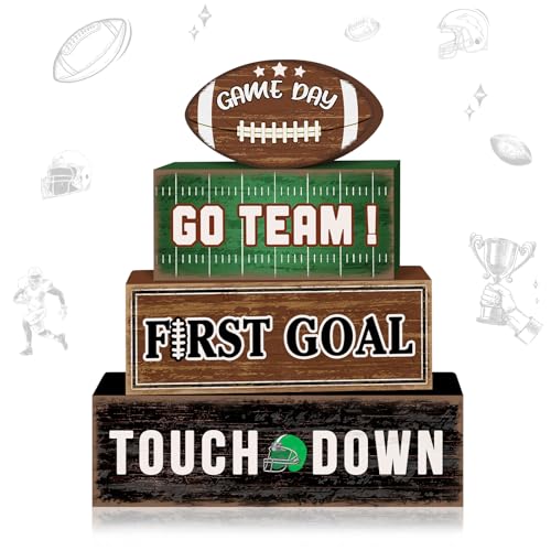 Britimes 4 Pcs Game Day Football Tiered Tray Decorations Set Touchdown Stack Block Signs Go Team First Goal Rustic Tabletop Decor for Table & Home Office (Game Day)
