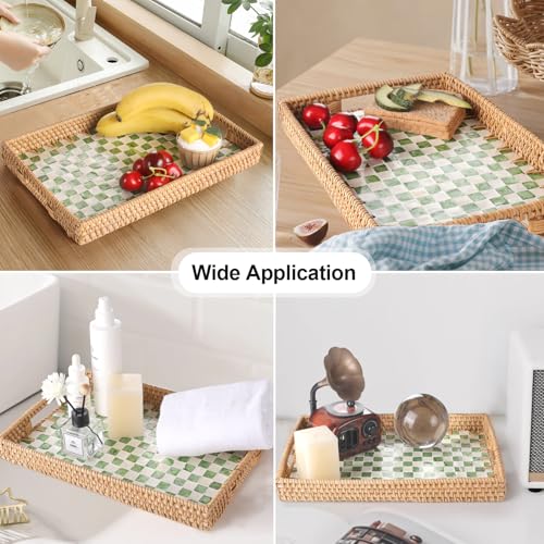 Rectangle Rattan Tray with Mother of Pearl Inlay, Rattan Serving Tray with Handle for Coffee, Bread, Fruits, Decorative Wicker Tray for Table Decor (Rectangle Green Checkerboard, 13"×9") - color: Green Checkerboard