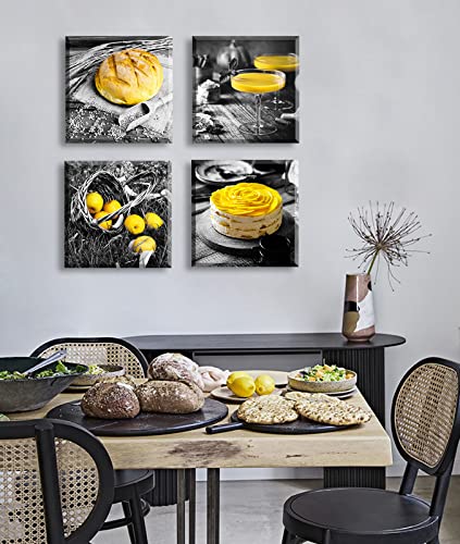 DJSYLIFE Kitchen Wall Decor Black and White Yellow Wall Art Bread Cake Fruit Picture Canvas Print Paintings for Cafe Dining Room Restaurant Farmhouse Kitchen Decoration 12" Wx12 Hx4 - color: kitchen