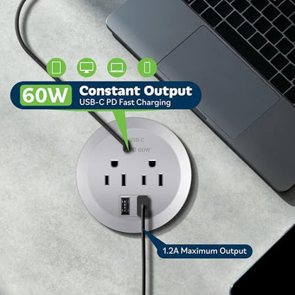 TOPGREENER Desktop Power Grommet with 60W PD for MacBook, GaN Desk Grommet with 1 Fast Charging USB-C Port, 2 USB-A Ports and Duplex Receptacles, TTRP48APD60-SV, Silver - color: Silver
