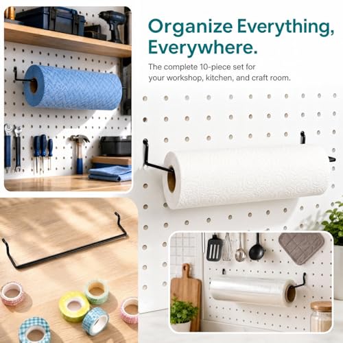 10 Pack Paper Towel Holder for Pegboard, Fits Any Standard Pegboard Extendable Heavy Duty Pegboards Hooks for Workshop, Garage, Kitchen, Laundry Room, Bathroom