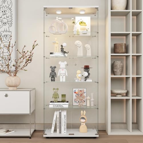 Beauty4U Glass Display Cabinet with Lights, 5 Shelves with 2 Doors, Curio Cabinets for Living Room, Bedroom, Office, White Floor Standing Glass Bookshelf, Quick Installation - color: White-led, size: 2-Door 5-Shelf