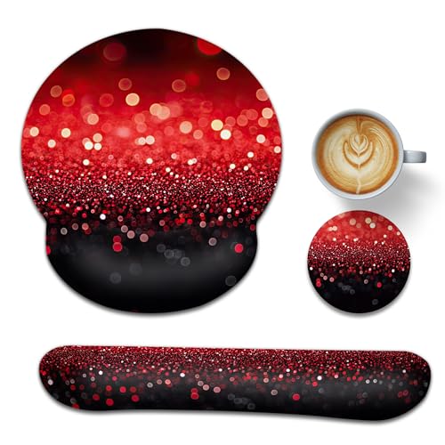 Red Glitter Wrist Rest Support for Mouse Pad Keyboard Set, Mouse Pad with Non Slip Rubber Base for Home and Office Typing Support - color: Red Glitter