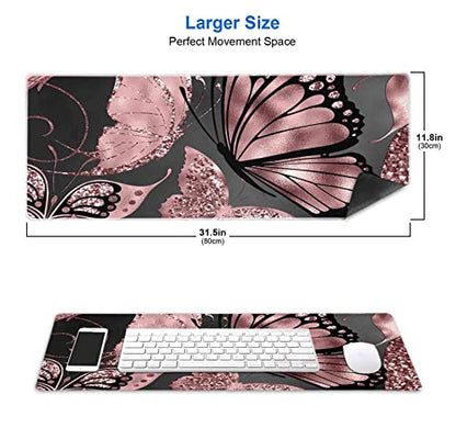 IMAYONDIA Gaming Mouse Pad for Women, Large Non-Slip Rubber Base Mousepad with Stitched Edges, Keyboard Mouse Mat Desk Pad for Work, Game, Office, 31.5x11.8 Inch - Rose Gold Glitter Foil Butterfly - color: Rose Gold Butterfly