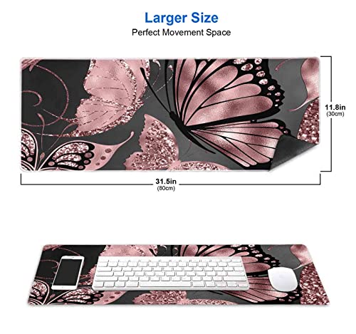 IMAYONDIA Gaming Mouse Pad for Women, Large Non-Slip Rubber Base Mousepad with Stitched Edges, Keyboard Mouse Mat Desk Pad for Work, Game, Office, 31.5x11.8 Inch - Rose Gold Glitter Foil Butterfly - color: Rose Gold Butterfly
