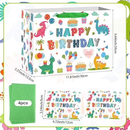 Hooqict Large Dinosaur Gift Bag Happy Birthday Gift Bag with Handles, Wrapping Tissue Paper and Greeting Cards for Kids Boys 1st 2nd 3rd Dinosaur Birthday Party Supplies Baby Showers - color: Dinosaur