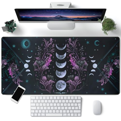 Celestial Moon Phases Mouse Pad Large Purple Desk Mat Forest Extended Gaming Mousepad Violet Teal Desk Pad XXL 31.5 x 15.7 in Laptop Computer Mouse Keyboard Mat for Office Desk Decor - color: A Celestial Moon Phases