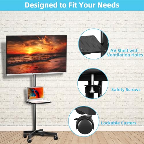 Mobile TV Carts on Wheels for 21-60 Inch Flat/Curved Panel Screens TVs - Height Adjustable Floor Trolley Stand with Shelf Holds up to 77lbs - Max VESA 400x400mm - color: Black High Quality