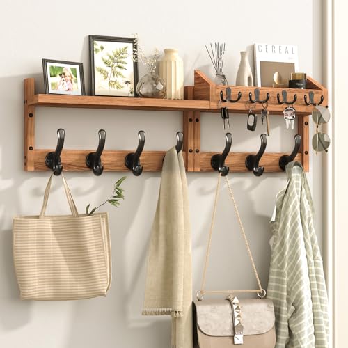 Evermagin 29" Coat Rack Wall Mount with Shelf, 4 in 1 Wall Mounted Coat and Key Hanger with 11 Hooks, Entryway Key Holder with Mail Holder for Living Room, Bedroom - color: Brown, size: 29 inch