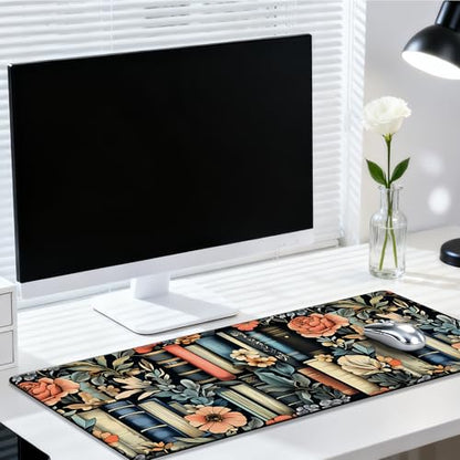 Books and Flowers Gaming Mouse Pad 35.4 x 15.7 Inches with Non-Slip Rubber Base, Smooth Cloth Surface Desk Keyboard Mat for Computer, PC, Laptop, Desktop - color: Books and Flowers
