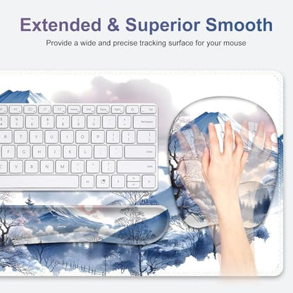 4 in 1 Large Mouse Pad, Keyboard Wrist Rest Set, Ergonomic Mouse Pad with Wrist Support, Desk Mat with Stitched Edges Extended Desk Pad Waterproof Desk Mat for Home Office Game I Snowy Mountain Sun - color: Snowy Mountain Sun