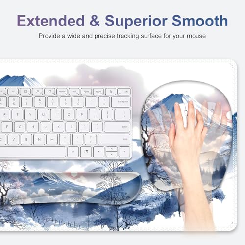 4 in 1 Large Mouse Pad, Keyboard Wrist Rest Set, Ergonomic Mouse Pad with Wrist Support, Desk Mat with Stitched Edges Extended Desk Pad Waterproof Desk Mat for Home Office Game I Snowy Mountain Sun - color: Snowy Mountain Sun