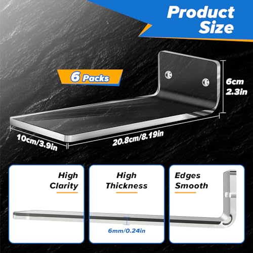 6Pcs Floating Shoe Display Shelf with LEDs, 8 x 3.9 Inch Clear Acrylic Wall Mounted Sneaker Rack, Glowing Levitating Shelves with 15 Screw Kits for Bedroom Gaming Room Shoe Store