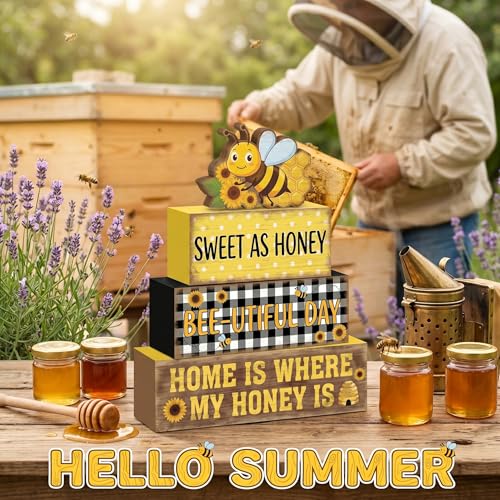 4 Pcs Bumble Bee Tiered Tray Decor Bee Sunflower Wooden Signs Yellow Farmhouse Shelf Sitters Spring Summer Table Centerpiece Honey Theme Decorations For Kitchen Living Room - style: Bee