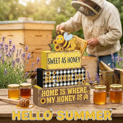4 Pcs Bumble Bee Tiered Tray Decor Bee Sunflower Wooden Signs Yellow Farmhouse Shelf Sitters Spring Summer Table Centerpiece Honey Theme Decorations For Kitchen Living Room - style: Bee