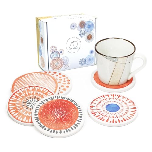 AD Set of 6 Coasters for Drinks Absorbing Round Ceramic Stone Coaster with Cork Base Tabletop Protection Mat for Mugs and Cups,Office,Kitchen (Coral Watercolor Series) - color: Coral Watercolor Series