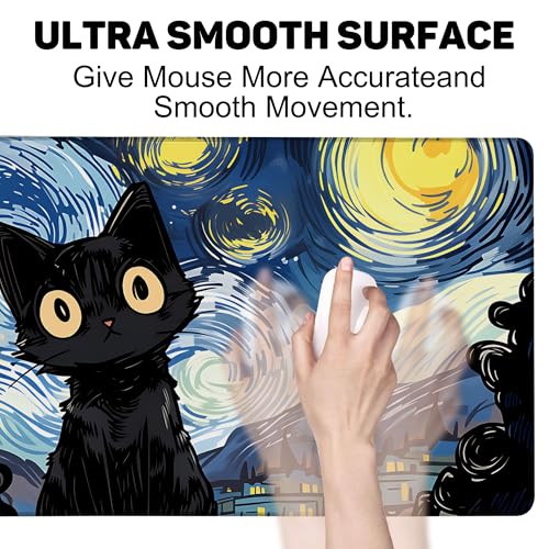 Black Cat Starry Night Gaming Mouse Pad with Stitched Edges Non-Slip Rubber Base Mouse Pad for Office,Computer,Keyboard,Laptop and Home Desk,35.4 x 15.7 Inch - color: Black Cat Starry Night, size: 15.7*35.4inch
