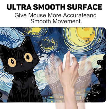 Black Cat Starry Night Gaming Mouse Pad with Stitched Edges Non-Slip Rubber Base Mouse Pad for Office,Computer,Keyboard,Laptop and Home Desk,35.4 x 15.7 Inch - color: Black Cat Starry Night, size: 15.7*35.4inch