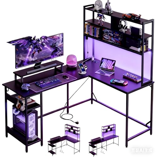DEVAISE 60 Inch L Shaped Gaming Desk with Drawers and Storage, Corner Desk with LED Lights, Power Outlets, Computer Desk with Monitor Stand, Office Desk for Home, Black - color: Black, size: 60 Inch