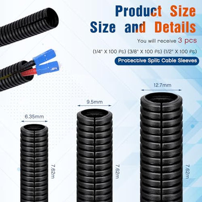 Sasylvia 1/4", 1/2", 3/8" x 25 Ft Split Wire Loom Tubing Wire Loom Assortment Split Cable Sleeves Bulk Flexible Electrical Conduit Protective kit - size: 1/4", 1/2", 3/8" X 25 ft