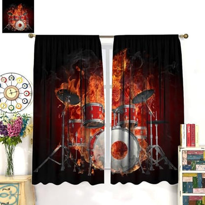 Music Curtain, Skeleton Flame Drums Hell of A Drummer Rock Music Theme Window Treatments Drapes for Boys Girls Teens Bedroom Living Room 42" W X 45" L(No Blackout) - color: Musical-3, size: 20.5"W x 45"L (Pack of 2)