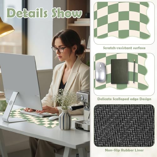 Copkim 1 Pcs Scalloped Green Checkered Desk Mat 31.5 x 11.8 Inch Large Cute Mouse Pad Computer Mat Non Slip Waterproof Rubber Base with Border Stitching Soft Keyboard Pad for Home Office Gaming Makeup - color: Green, style: Checkered