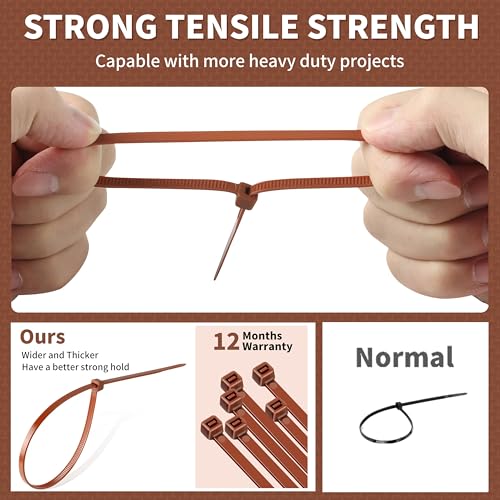 200pcs Brown Zip Ties, 12+10+8+4 Inch Heavy Duty Cable Ties with 55-22lb Strength, PA66 Self-Locking Nylon Wire Ties for Christmas Farming Fence Garden Trellis, UV Resistant - color: Dark Brown, size: 4+8+10+12 inch (200 pcs)