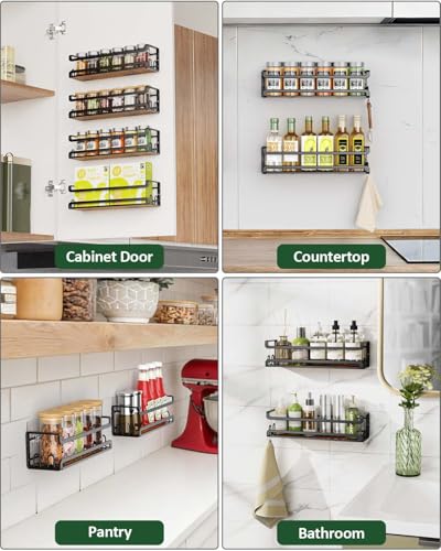 Doakhirmit Wall Mount Spice Rack, Black,4 Pack | 16 Hooks,Screw or Adhesive Installation , Hanging Organizer for Stove Cabinet Pantry Door Kitchen and RV Use - size: 4 Pack