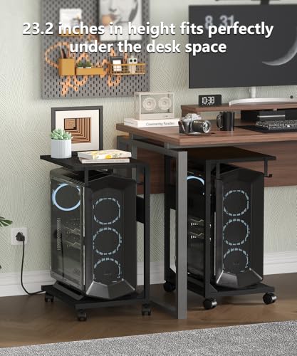 Akxomel 2 Tier Computer Tower Stand with Charging Station, 11.8" D x 16.5" W Rolling Floor PC Tower Stand Fits Under Desk, CPU Holder Cart for Carpet with Hooks, Home Office - color: Black