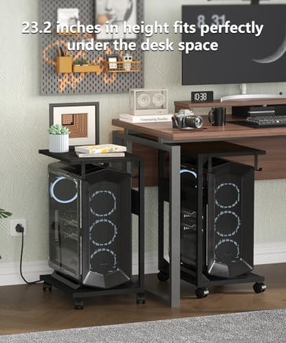 Akxomel 2 Tier Computer Tower Stand with Charging Station, 11.8" D x 16.5" W Rolling Floor PC Tower Stand Fits Under Desk, CPU Holder Cart for Carpet with Hooks, Home Office - color: Black