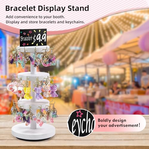 Pinzoveco Bracelet Holder, 3 Tier Wooden Rotating Bracelet Display Stand, Tree Stand Vendor Booth Display with Adversitsing Board, 36 Hooks for Bracelet, KeyChain Display Stand, White (Patent Pending) - color: Weathered White