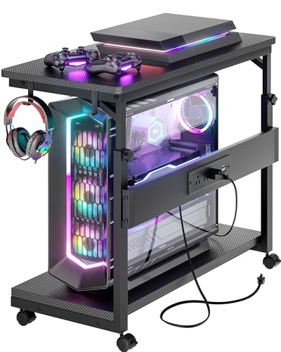 Armocity Computer Tower Stand - PC Stand for Floor with Power Outlets, PC Tower Stand for Carpet, PC Holder Under Desk with Wheels and Hooks, Gaming Console & Computer Cart, Carbon Fiber Black, 24"