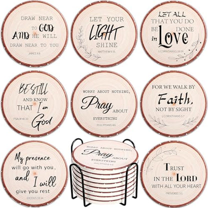 Domensi 8 Pcs Christian Coaster Set Ceramic Coaster with Bible Verse Religious Absorbent Coasters Wood Style Drink Cup Mat for Church Christian Decoration Table Protection - style: Wood