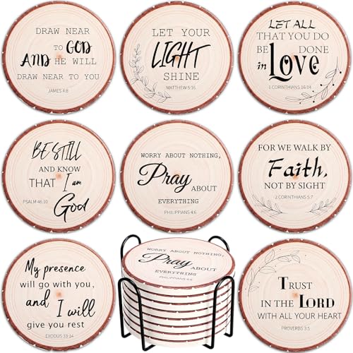 Domensi 8 Pcs Christian Coaster Set Ceramic Coaster with Bible Verse Religious Absorbent Coasters Wood Style Drink Cup Mat for Church Christian Decoration Table Protection - style: Wood