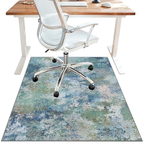 Office Chair Mat for Hardwood Tile Floor, Abstract 36"X 60" Desk Mats for Office Chair on Rolling Chairs Carpet, Desk Anti-Slip 1/5" Thick Rug for Computer Chair, Thin Low-Pile Floor Mat, Blue Green - color: Blue Green, size: 36"x60"