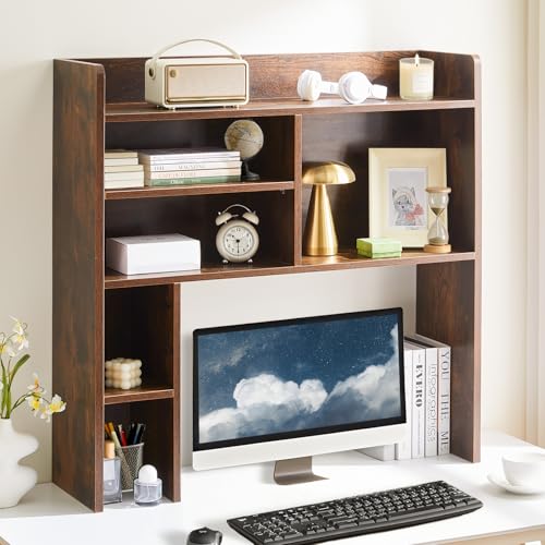 OFCASA Desktop Bookshelf, Countertop Storage Hutch with 7 Shelves for Computer Desk, 35.4'' 3-Tier Display Rack, Multipurpose Wooden Desk Hutch Storage Organizer for Home Office Dorm, Brown - color: Brown