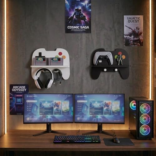 Gaming Room Decor Floating Shelves Set of 2, Controller Wall Shelf with Headphone Hooks, Gamer Wall Decor for Teen Boys Bedroom, Black & White