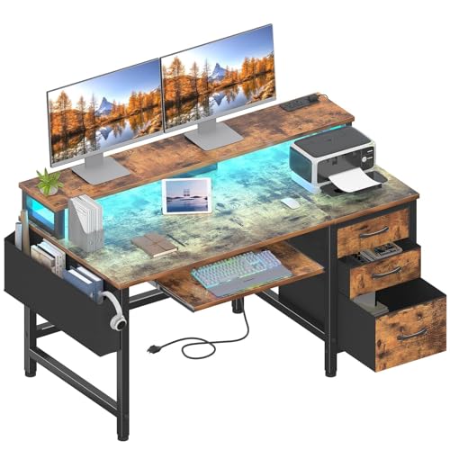 Lufeiya Gaming Desk with LED Lights and Power Outlets, 47 Inch Home Office Desks with Keyboard Tray, Computer Desk with File Drawers Cabinet, Writing Table PC Desks with Monitor Stand, Rustic Brown - color: Brown